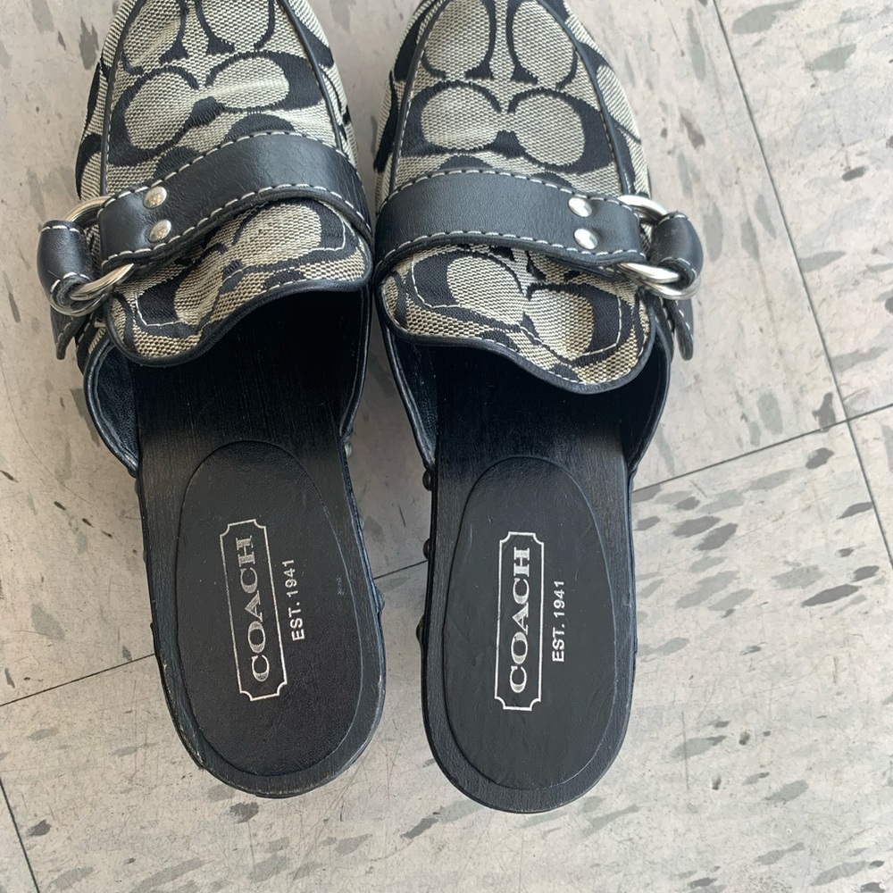 Coach Black and Tan Signature Logo Mules